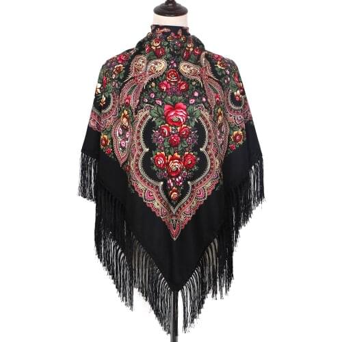 Ethnic style cotton fringed square scarf Muslim wrap head hijab autumn and winter retro Russian shawl printed female foulard