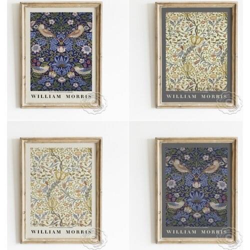 William Morris Exhibition Museum Poster, Strawberry Thief Exquisite Canvas Painting, Hyacinth Pattern Muted Tones Wall Art Decor
