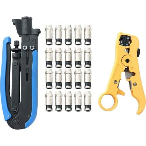 Coaxial Compression Tool Coax Cable Crimper Kit F-Type Crimper Cable RG6 RG59 RG11 and Coaxial Cable Stripper with 20 PCS F Comp