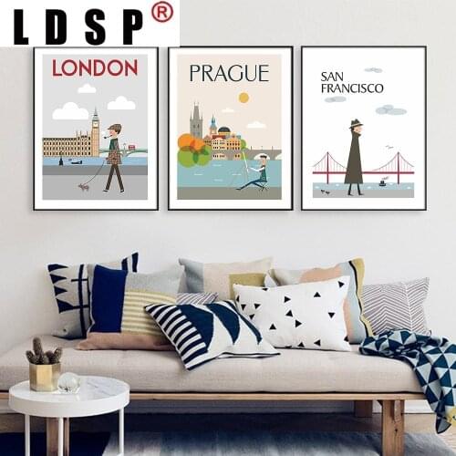 LDSP Cartoon Vintage Morning of City London New York Canvas Painting Wall Art Print Poster Picture Modern Living Room Home Decor
