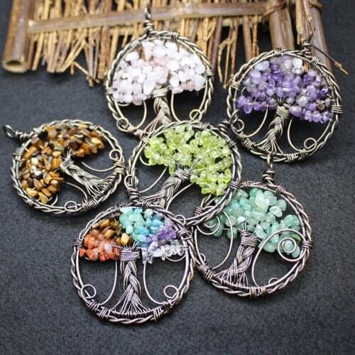 New Arrived 6Pcs/Lot Natural Gravel Tree of Life Lucky Pendants Healing Crystal Quartz Charms Necklace Antique Bronze Plating