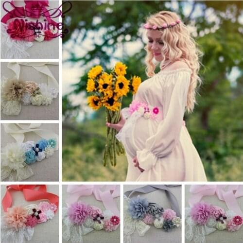 Fashion Girls Women Sash With Elastic Headband Set Chiffon Flower Pregnant Women Children Belt Sash Maternity Sash Photo Prop