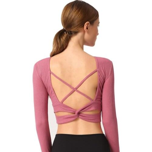 Long Sleeve Sport Crop Top Women Yoga Back Crossing Straps Knot T Shirts Bra Fitness Pilates Running Tops Tee Shirt Sportswear