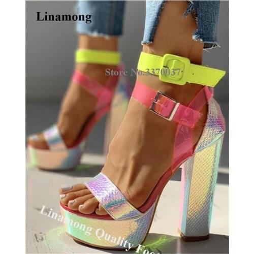 Linamong Western Fashion Open Toe Patchwork High Platform Chunky Heel Gladiator Sandals PVC Straps Buckle Thick High Heel Sandal