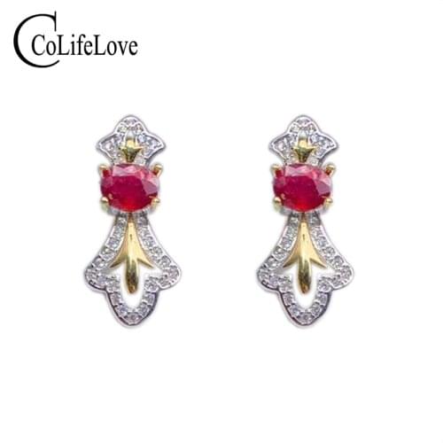 CoLife Jewelry Vintage 925 Silver Ruby Stud Earrings for Office Woman 3*5mm Natural Blood Red Ruby Earrings Fashion Ruby Jewelry