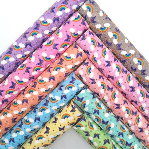 Glitterwishcome Rainbow Butterfly Printed Chunky Glitter Vinyl Fabric with Felt Backing Accessories Bows DIY 21X29CM GM2043B