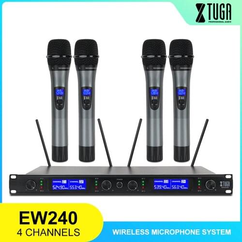 XTUGA 4 Channel UHF Wireless Microphone System With Handheld or Lavalier & Headset For Speech,Church, Stage,Small Karaoke Night