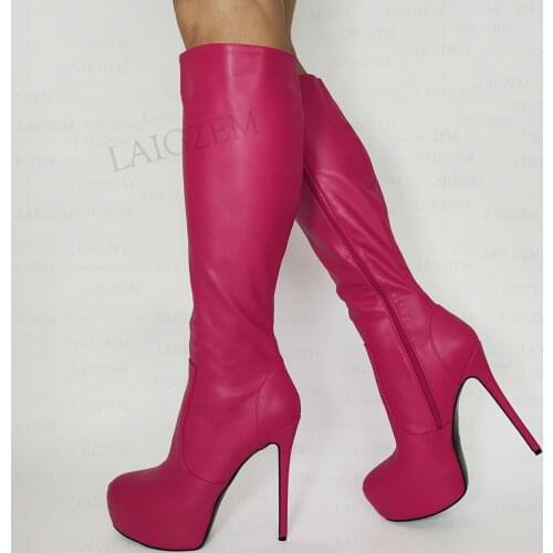 LAIGZEM Women Knee High Boots Platform Full Zip Up Stiletto High Heels Tall Boots Faux Leather Shoes Woman Large Size 41 45 52