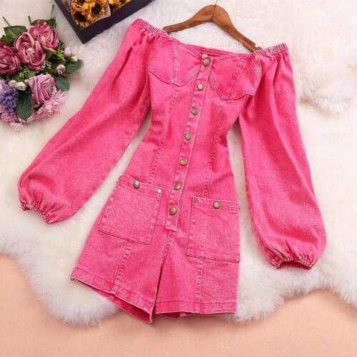 New Fashion Korean Single Breasted Women Playsuits Vintage Pockets Slash Neck Off Shoulder Jumpsuits Puff Sleeve Bodysuits