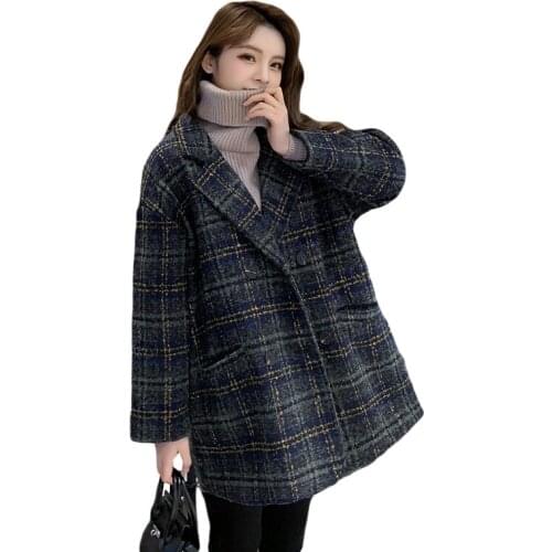 Woolen Overcoat Jacket Casual Cardigan Cloak Women Winter Loose Plaid Wool Blazer Coat Double Breasted Thicken