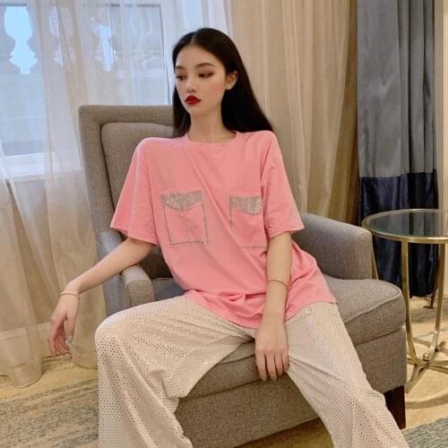 Cakucool New Women 's Tracksuit Pink White Diamonds Beading Short Sleeve Tshirt and Long Shiny Wide Leg Pant Set Summer 2pcs Set