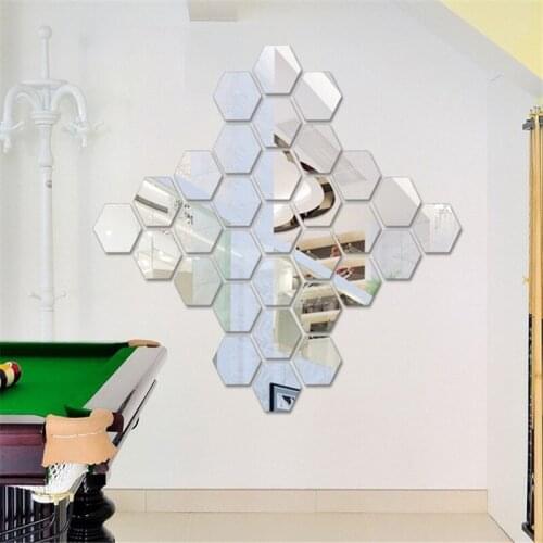 12pcs/Set 3D DIY Silver Acrylic Reflective Hexagon Mirror Wall Stickers Wall Mirror Decals Home Decor Decoration for Living Room
