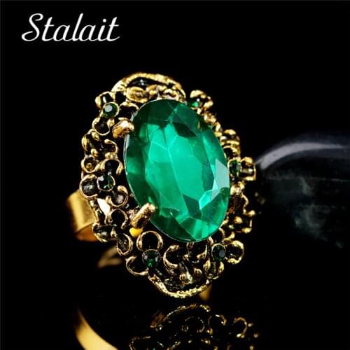 Antique Bronze Vintage Gold Color Green Crystal Stone Rhinestones Adjustable Ring Finger Jewelry Women Wedding Fashion 1105