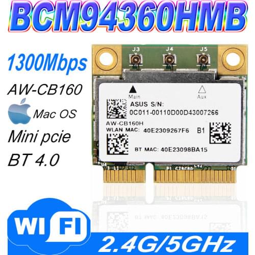 AzureWave AW-CB160H Broadcom BCM94360HMB 802.11AC 1300Mbps Wireless WIFI WLAN Bluetooth 4.0 Mini PCI-E Card + 20cm MHF4 Antenna