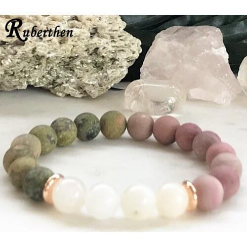 Ruberthen 8 MM Moonstone Bracelet Matte Unakite Rhodonite Energy Mala Bracelet Women`s Yoga Balance Protection Bracelet