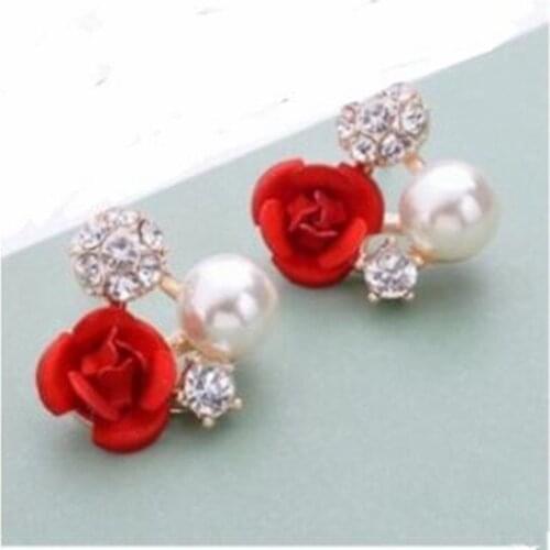 Ea863 wedding dresses Bridal jewelry Red Rose flower Imitation pearl Crystal ball earrings Female charm jewelry