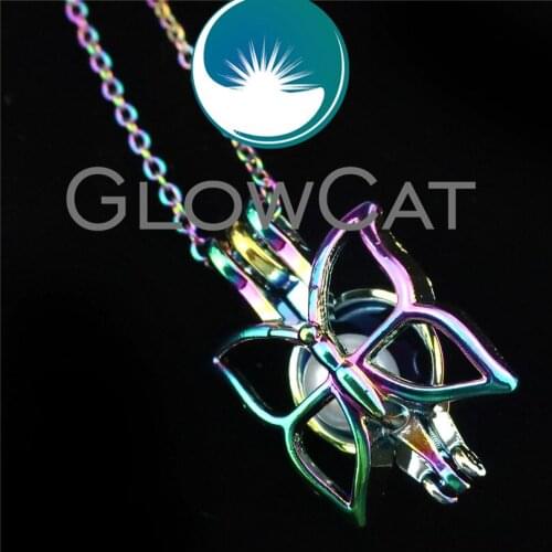 GLOWCAT R-C515 Rainbow Color Insect Butterfly Beads Cage Pendant Perfume Diffuser Aromatherapy Pearl Cage Locket Necklace
