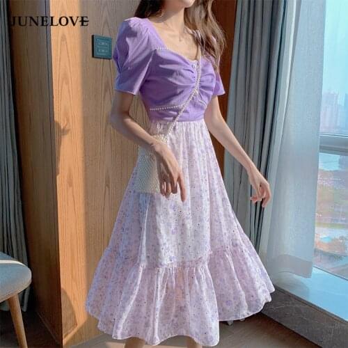 JuneLove French Vintage Floral Dresses Women Patchwork Kawaii Purple Casual Sweet Dress Elegant Fairy Party Dress 2021 Summer