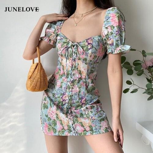JuneLove Summer Kawali Floral Print Dress Women Elegant Vintage Sweet Party Sexy Mini Dress Casual Puff Sleeve Beach Dress 2021