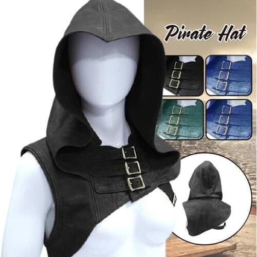 Retro Medieval Shoulder Armor Cloak Leather Renaissance Cosplay Costume Sleeveless Hooded Leather Hoodie Cosplay Accessories