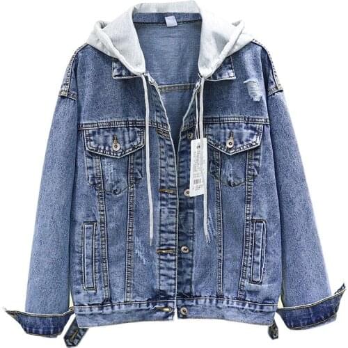 Women Basic Coat New Womens Jean Jackets Hooded Removable Denim Jacket Long Sleeve Casual Loose Jeans Coat Outerwear Tops P254