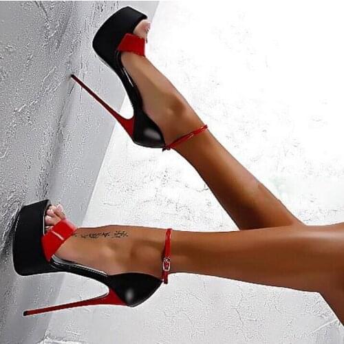 Hot Selling Red Black Patent Leather Ladies Sandals 16CM High Platform Ankle Strap Sandals Women Stiletto Heels Banquet Shoes