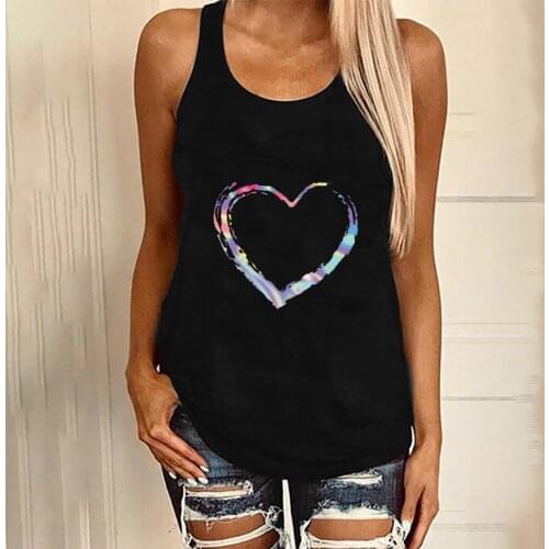 25# Vintage Oversized Tanks Womens Casual Sleeveless Summer Top Round Neck Colorful Love Print Undershirt Camis Женская Одежда