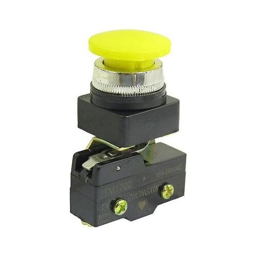 250VAC 15A SPST 1NO 1NC 25mm Thread Momentary Yellow Mushroom Head Micro Switch