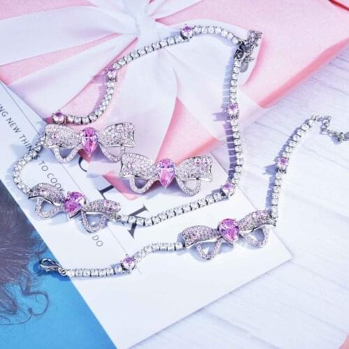 QTT Fashion Bling Zircon Paved Bowknot Drop Earrings Necklace Bracelet For Women Girl Fashion Pink Crystal Jewelry Set Gift
