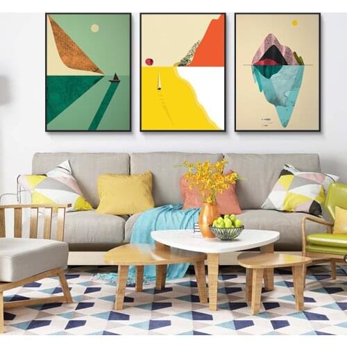 Cartoon Minimalist Mountain River Landscape Illustration Canvas Painting Colored Wall Art Picture Abstract Poster Print Decor