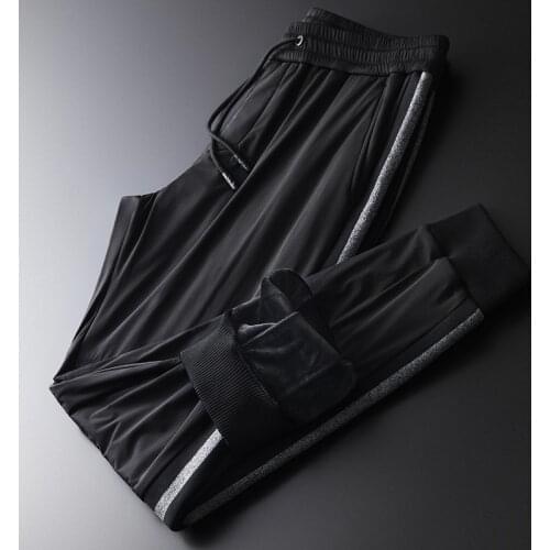 Inner Velvet Mens Luxury Side Ribbon Elastic Waist Black Man Pants Autumn And Winter Slim Fit Male Trousers 4XL
