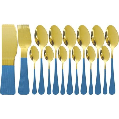 24Pcs Blue Gold Cutlery Set Stainless Steel Dinner Set Knife Fork Spoon Tableware Set Silver Flatware Kitchen Dinnerware Set