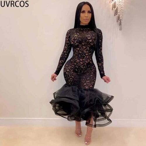 UVRCOS Plus Size Dress 2021 New Fashion Trendy Sexy Lace Long Sleeve Maxi Dresses Elegant Party Wedding Skinny Stand Neck Dress