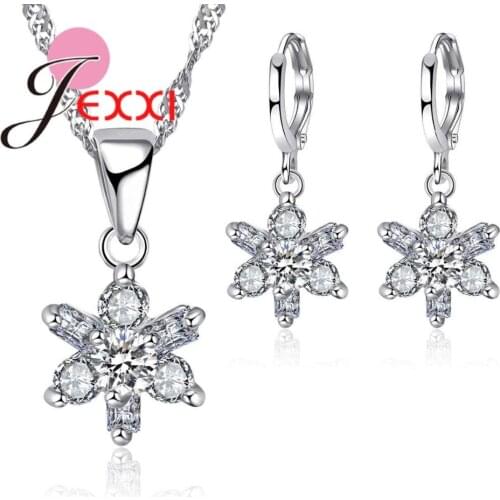 New Arrival Round with Rectangle White Crystal Flower 925 Sterling Silver Jewelry Sets for Women Wedding Earring Necklace