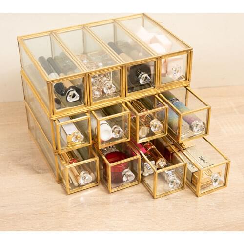 Golden Makeup Organizer With Drawer Desktop Cosmetic Storage Box Lipstick Pen Brush Holder Dustproof Jewelry Makeup Organization