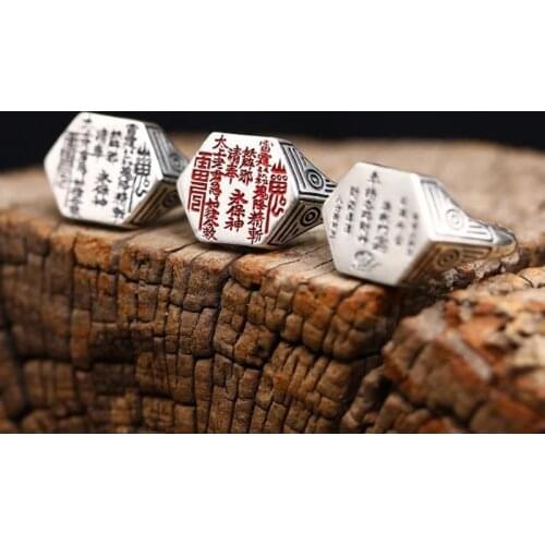 Original Chinese retro Thai silver geometric text opening adjustable ring unique printing craft charm silver jewelry