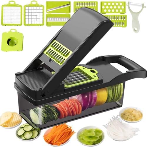 Vegetable Chopper Mandoline Slicer Cutter Chopper and Grater 12 in 1 Interchangeable Blades with Colander Basket and Container