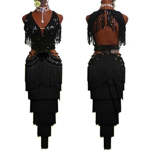 High End Latin Dance Competition Dress For Women Sequins Tassels Long Dancing Dress Rumba Cha Cha Samba Costume Prom Wear BL6883