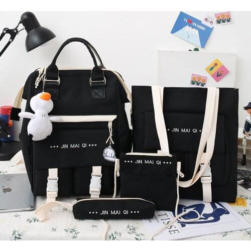 4-piece Fashionable Womens Backpack Canvas Large Capacity School Bags For Teenager Girls Mochila