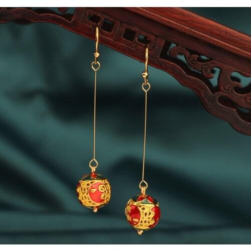 New Fashion Korean style Ethnic Long Red Ball Drop cloisonne earrings Birthday gift Unique delicate Vintage Jewelry for women