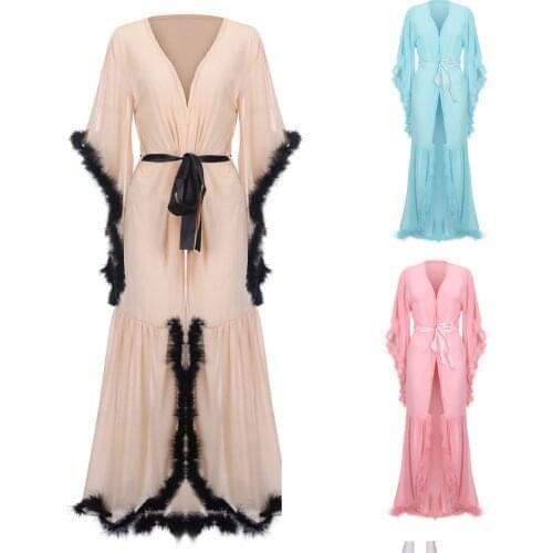 Old Hollywood Fuzzy Robe For Bed Time Flared Sleeve Dress Large Size See-through Sexy Dress Feather Flared Sleeve Tail Dress