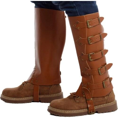 Retro Medieval Shoes Cover Armor Cosplay Buckle PU Leather Water Proof Black Brown Soldier Knights Long Boots-cover