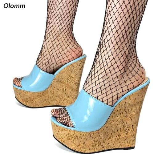 Olomm Handmade Women Summer Patent Leather Mules Sandals Wedges Heel Open Toe Gorgeous Blue Red Pink Party Shoes Size 35 45 46