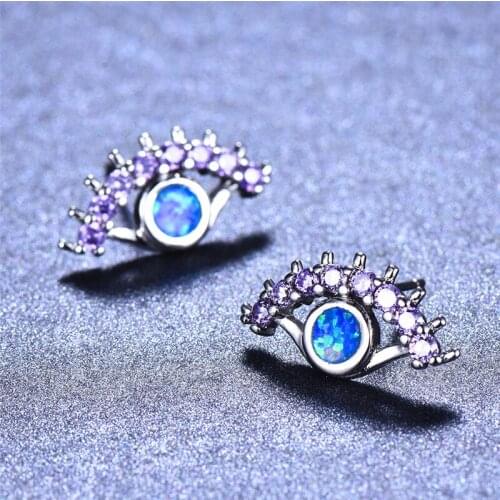 Cute Double Eyes Stud Earrings For Women 925 Sterling Silver Filled Round Purple Zircon White Blue Fire Opal Earrings Jewelry