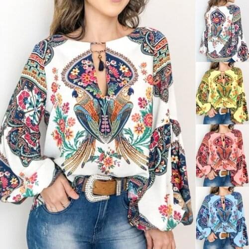 2020 Summer Womens Print Fashion Retro Long Sleeve Loose Personality Print Round Neck Ropa Mujer Talla Grande Women Tops