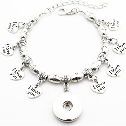 1pcs Metal Cross Bead Snap Bracelet Heart I Love You Charms Adjustable 18mm Snap Button Bangles Valentines Day Gift Jewelry