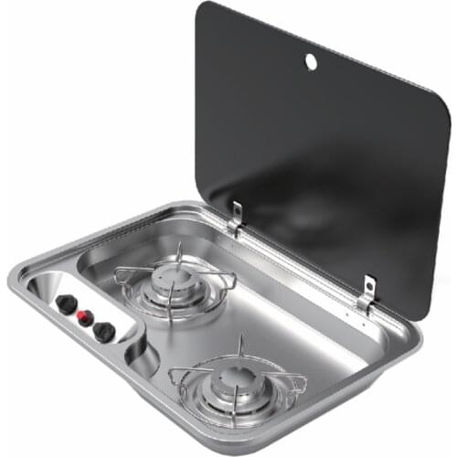 2 Burner Gas Stove Hob With Glass Lid 460*335*60mm 2*1.35KW GR-910 Boat Caravan RV Camper
