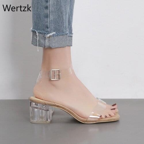 Transparent Sandals for Woman Summer Block Heels Shoes Female Luxury Clear Heels Dress Shoes Low Heel Sandalias Striptease B414
