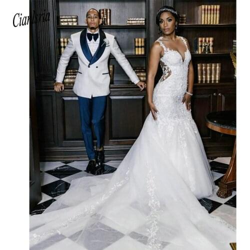 Chapel Train O-Neck Illusion Back Nigerian African Mermaid Wedding Dress Sleeveless Appliques Lace Long Bridal Wedding Dresses