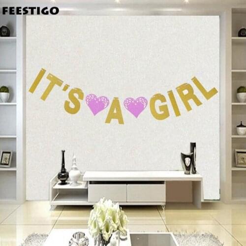 Boy&Girl Baby Shower Party Paper Glitter Gold "IT IS A GIRL/IT IS A BOY" Banner Party Background Decoration Trojan Banner